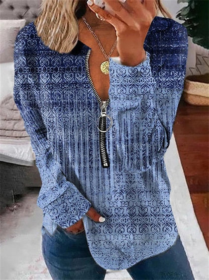 Langarm Damenoberteil mit Vintage-Muster und Reißverschluss – Milara
