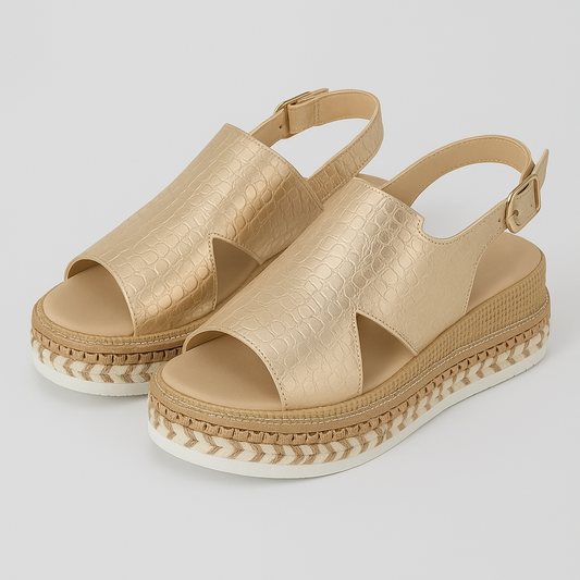 Viviana | Goldene Plateausandalen mit Krokodilleder-Optik und verstellbarem Riemen