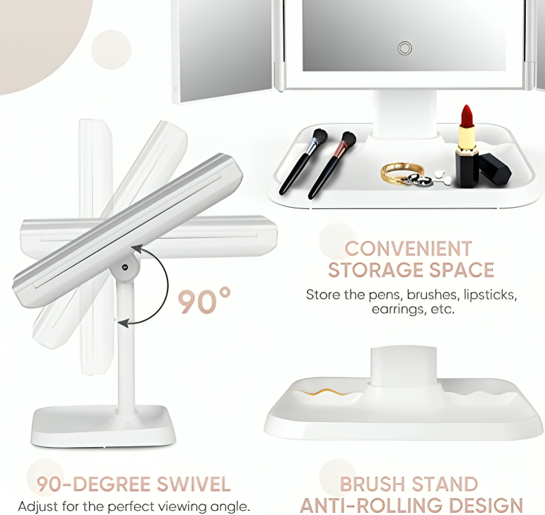 LuxeLite™ Aufklappbarer 3-Panel-LED-Spiegel für präzises Make-up