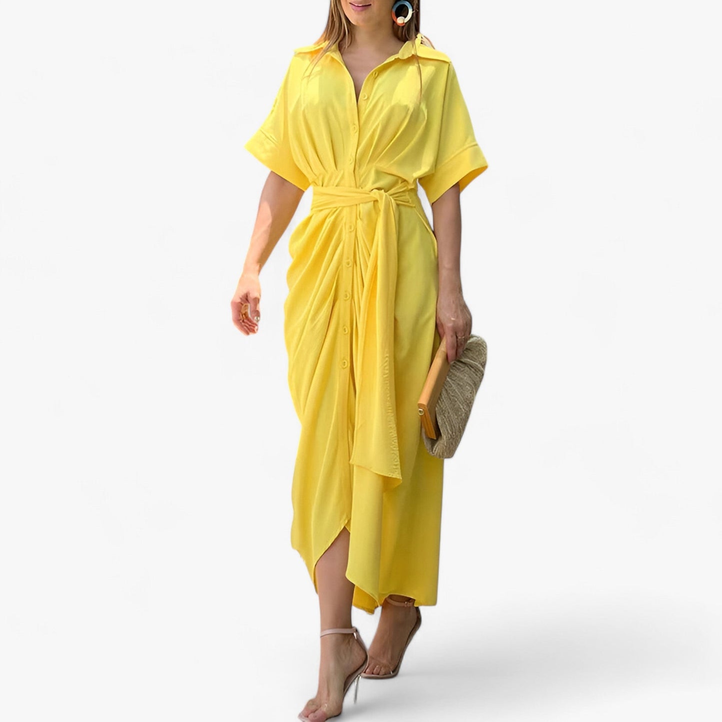 Elegantes Midikleid - Raffinierter Stil mit Umlegekragen & Bindegürtel