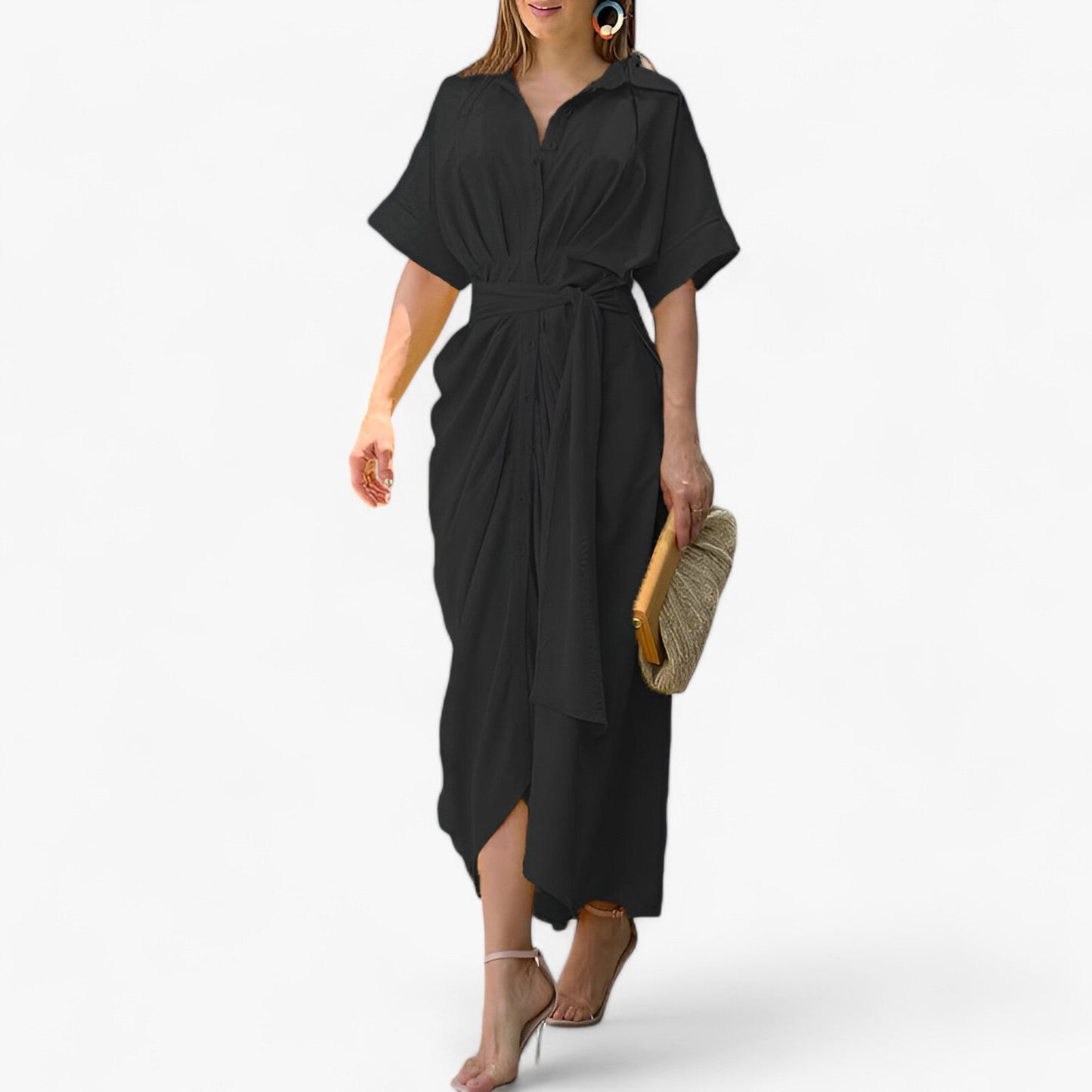 Elegantes Midikleid - Raffinierter Stil mit Umlegekragen & Bindegürtel