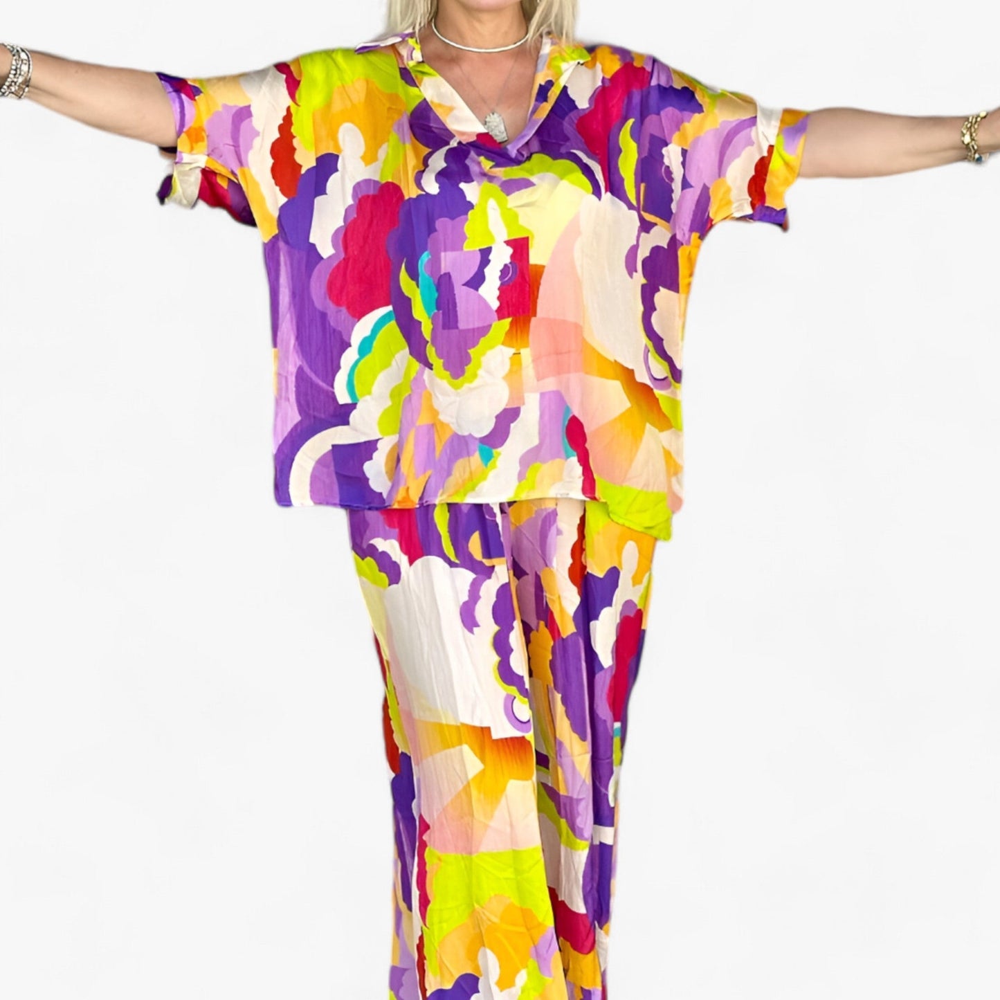 Damen Bunter Bedruckter V-Ausschnitt Anzug - Mutiger Stil & Komfort