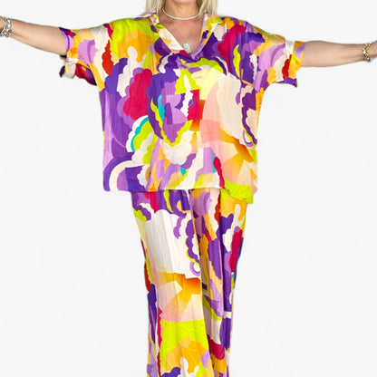 Damen Bunter Bedruckter V-Ausschnitt Anzug - Mutiger Stil & Komfort