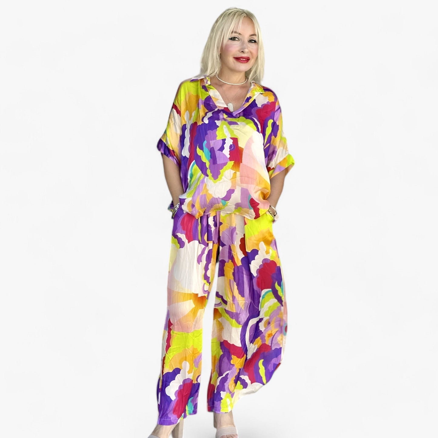 Damen Bunter Bedruckter V-Ausschnitt Anzug - Mutiger Stil & Komfort