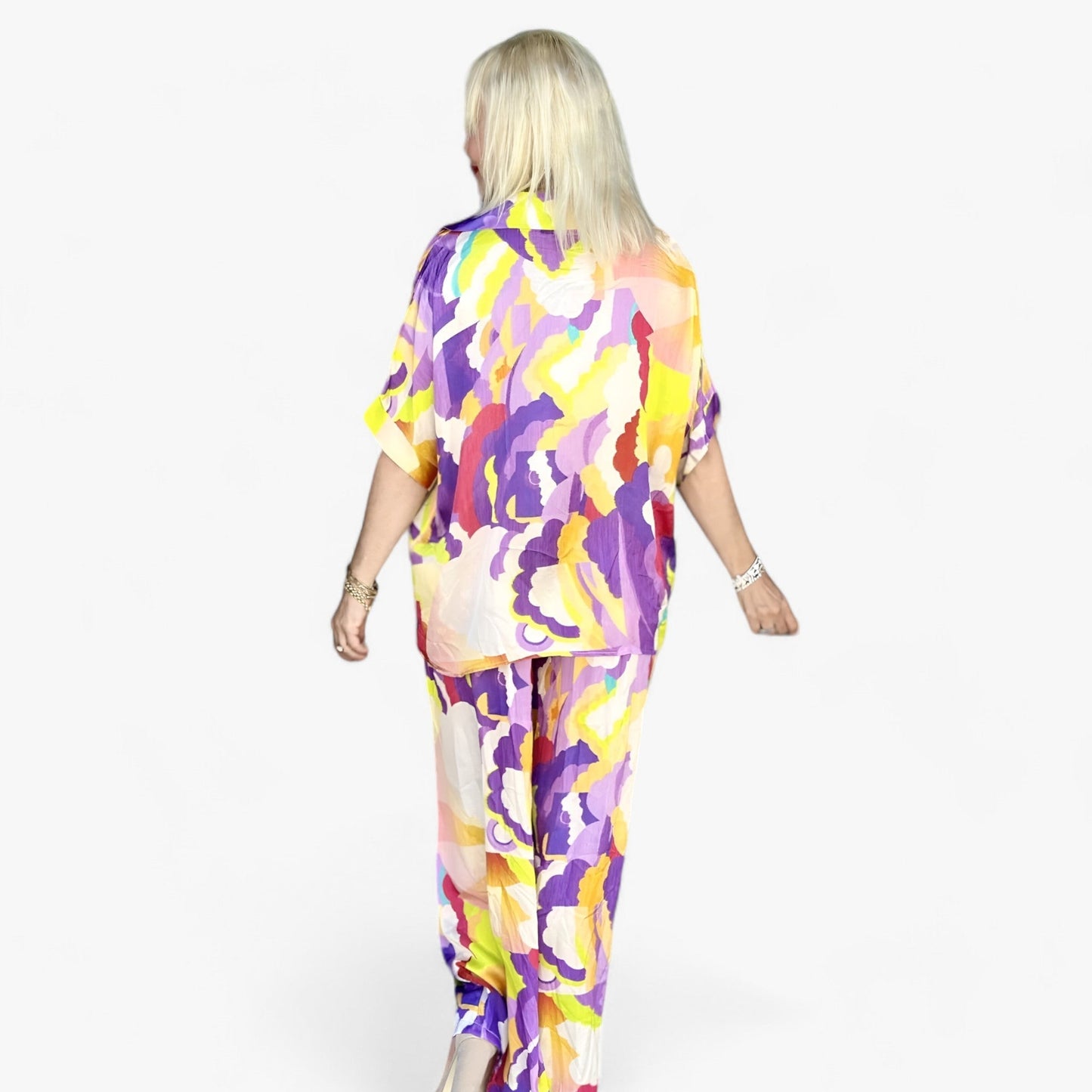 Damen Bunter Bedruckter V-Ausschnitt Anzug - Mutiger Stil & Komfort