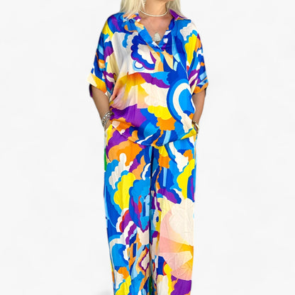 Damen Bunter Bedruckter V-Ausschnitt Anzug - Mutiger Stil & Komfort