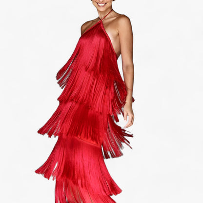 Serena | Ärmelloses Halterneck-Kleid – Glamouröse Fransen-Details