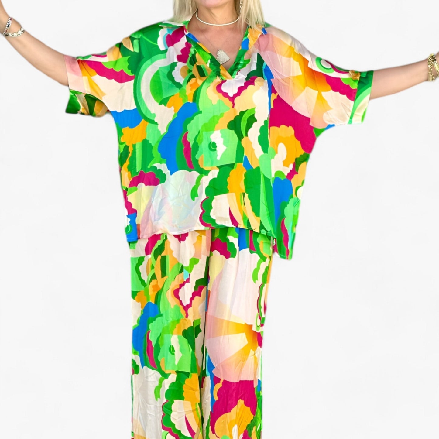 Damen Bunter Bedruckter V-Ausschnitt Anzug - Mutiger Stil & Komfort