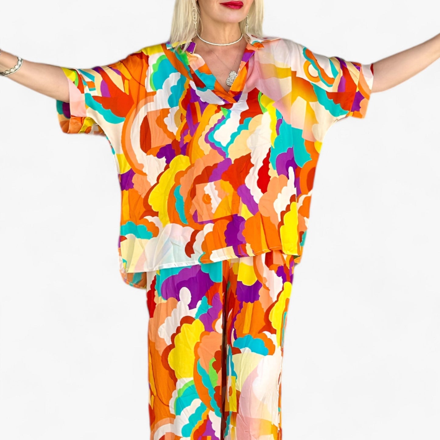 Damen Bunter Bedruckter V-Ausschnitt Anzug - Mutiger Stil & Komfort