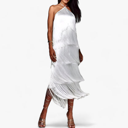 Serena | Ärmelloses Halterneck-Kleid – Glamouröse Fransen-Details