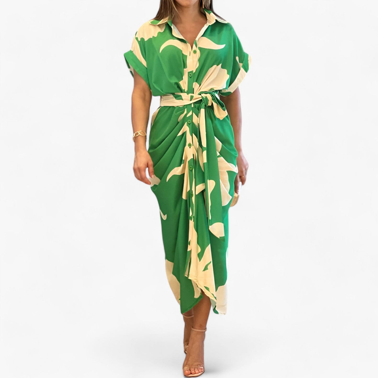 Elegantes Midikleid - Raffinierter Stil mit Umlegekragen & Bindegürtel