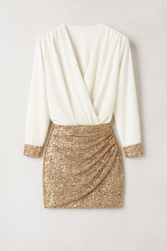 Hollis |  Wickelbluse &  Pailletten-Minirock Set